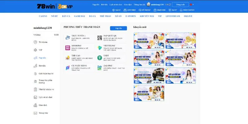 Chi tiết cách nạp tiền vào tài khoản cá nhân trên 78WIN